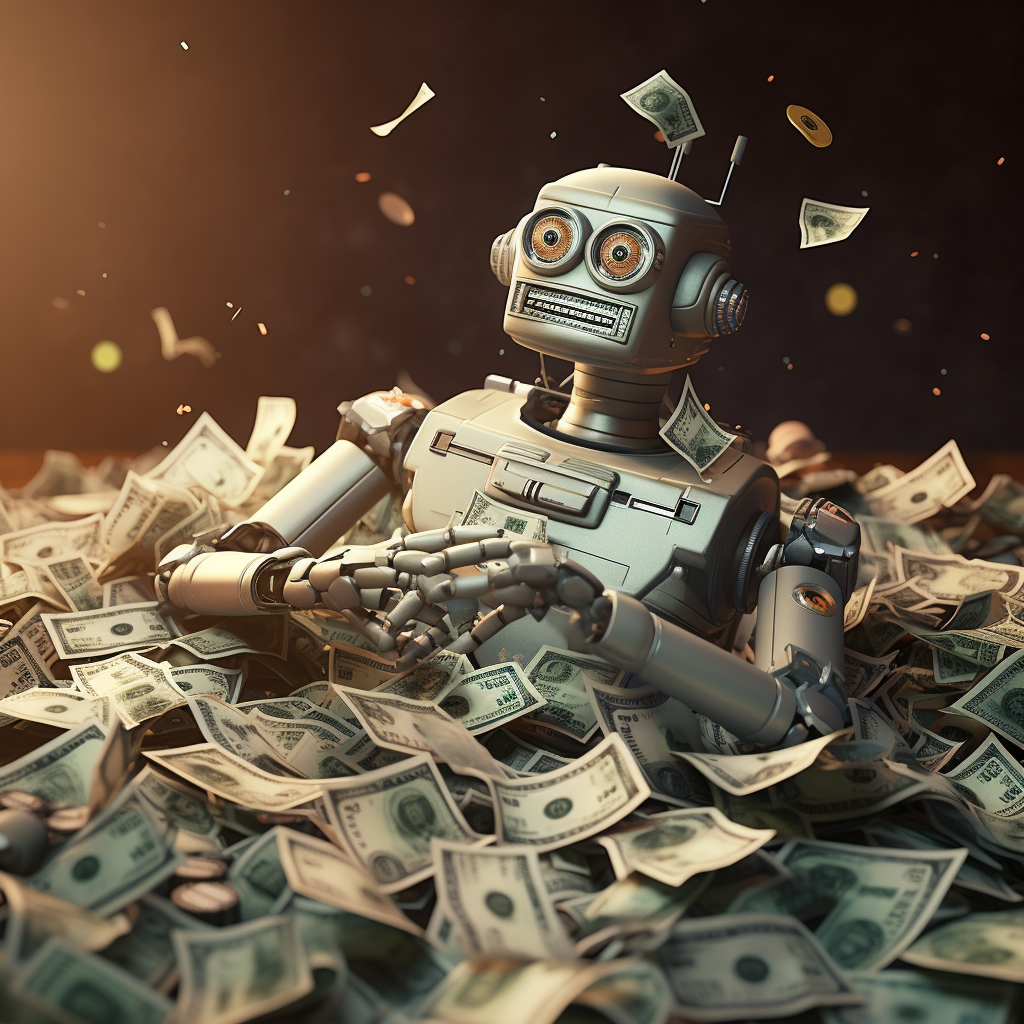 image of a robot lying on a pile of dollar bills, AI, Artificial Intelligence robot, chatbot for lead generation, chatbot for business, chatbot for website