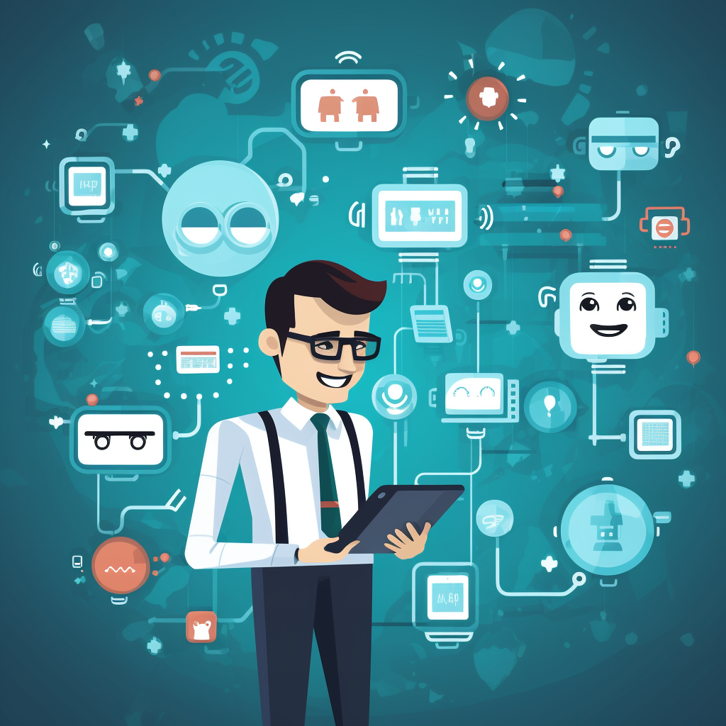 illustration of a man with floating AI technology icons and symbols, AI, Artificial Intelligence, business lead generation, get leads online, capture leads