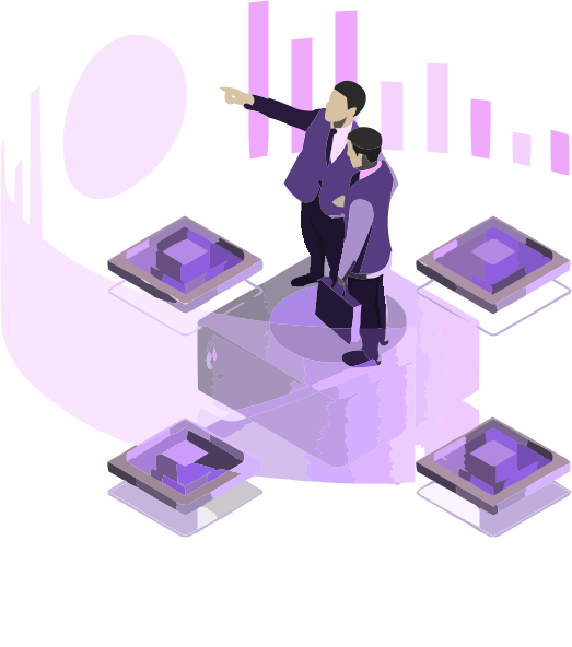 illustration of two people in suits standing on a platform, AI, technology, business lead generation