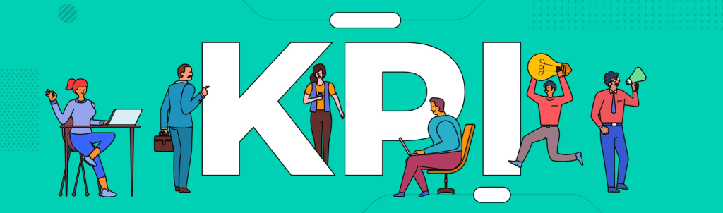 illustration of the KPI acronym surrounded by people, teamwork, performance, capture leads, get leads online, lead generation