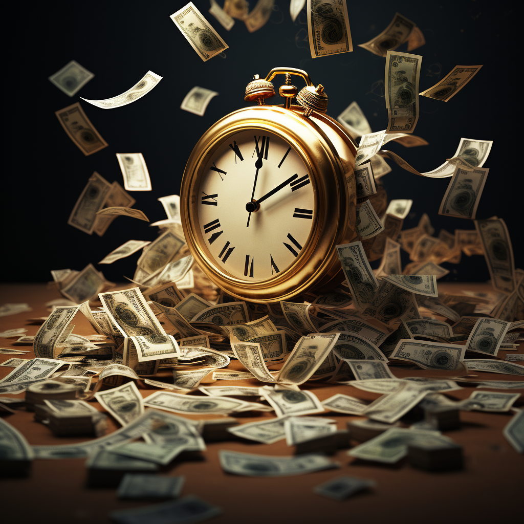 a gold pocket watch placed on a pile of scattered dollar bills, time management, capture leads